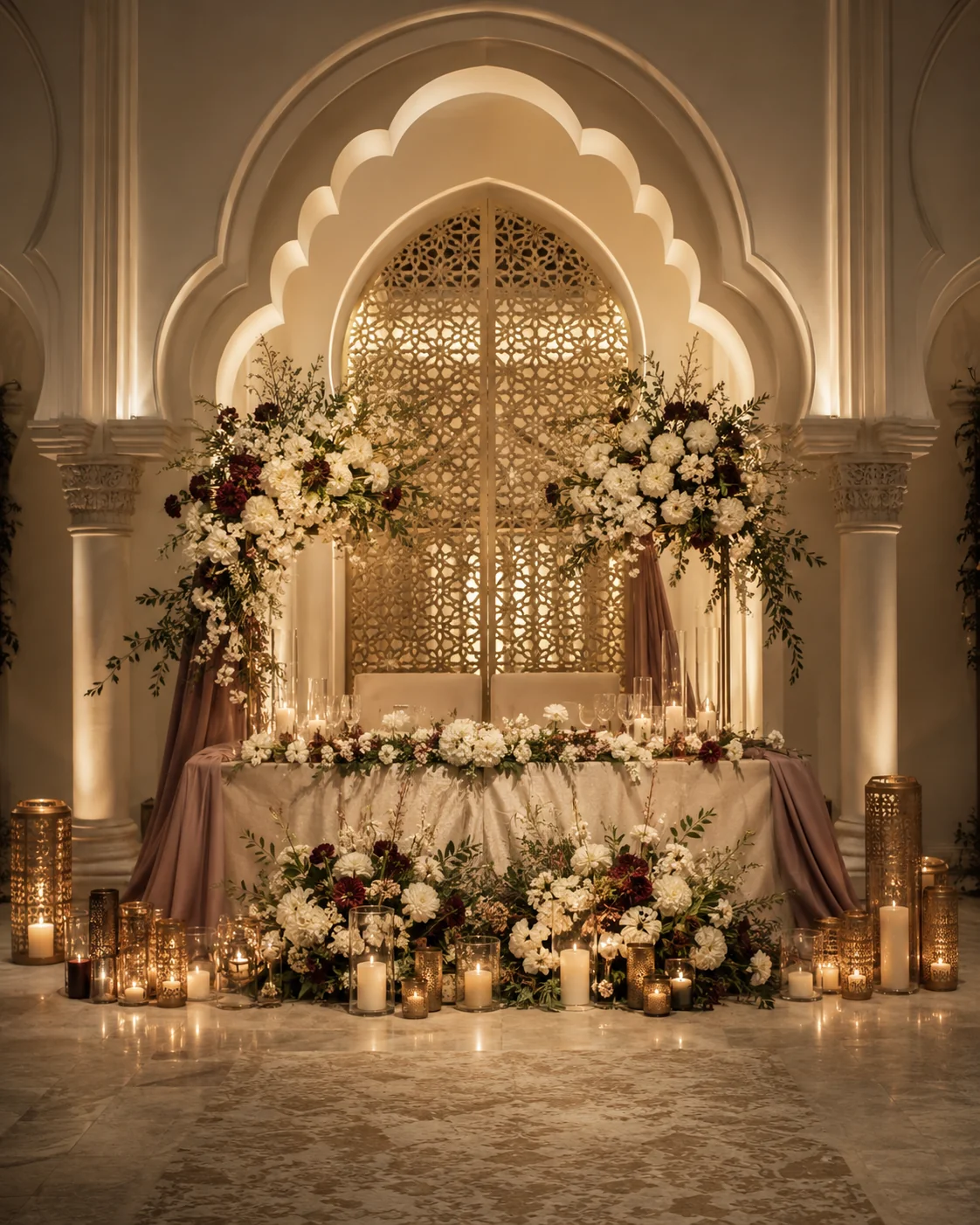 Décor de réception fleuri et éclairé aux bougies